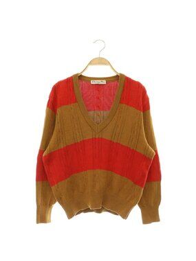 Dior Sports Knit Sweater Long Sleeve Neck Border Vintage M Camel Red MY